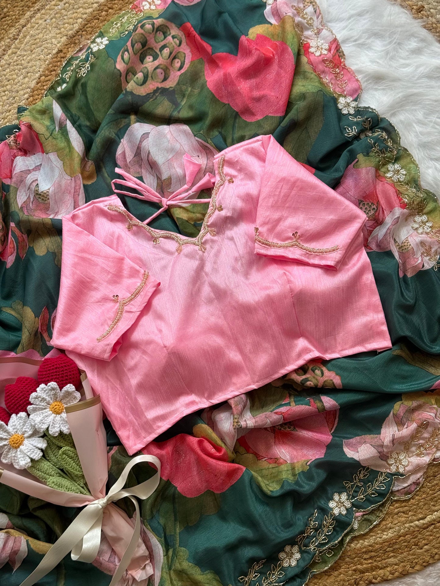 Soft Chinnon Saree (Dark Green)