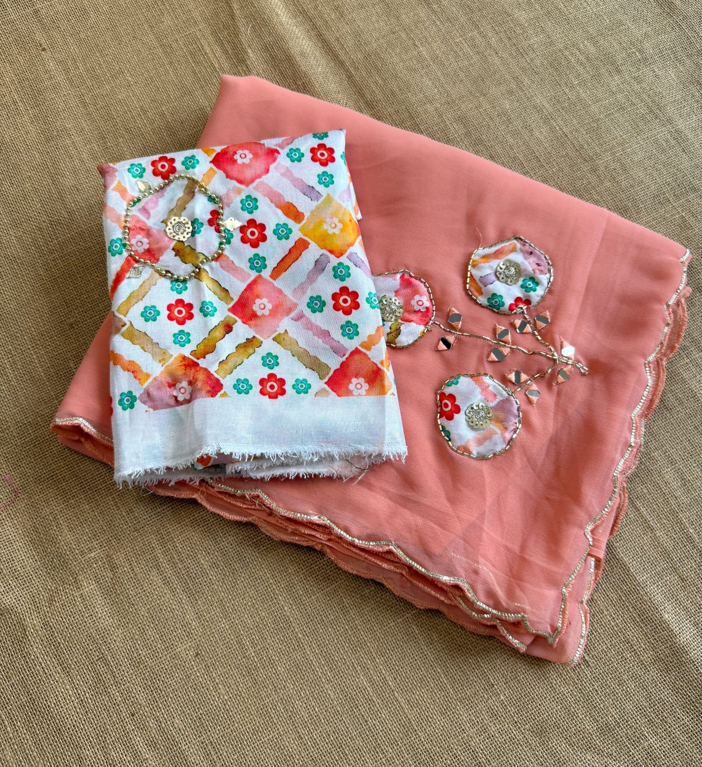 Soft Georgette with Patch Work and Embossed Cutwork Border