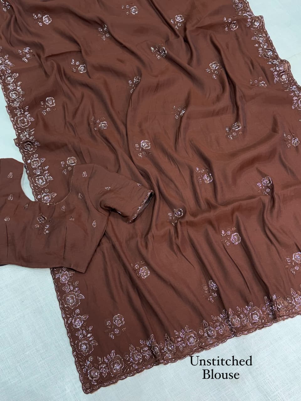 brown Graceful Brown Mul Chiffon Party Wear Saree with Sequins & Beads Embroidery by women shoppee