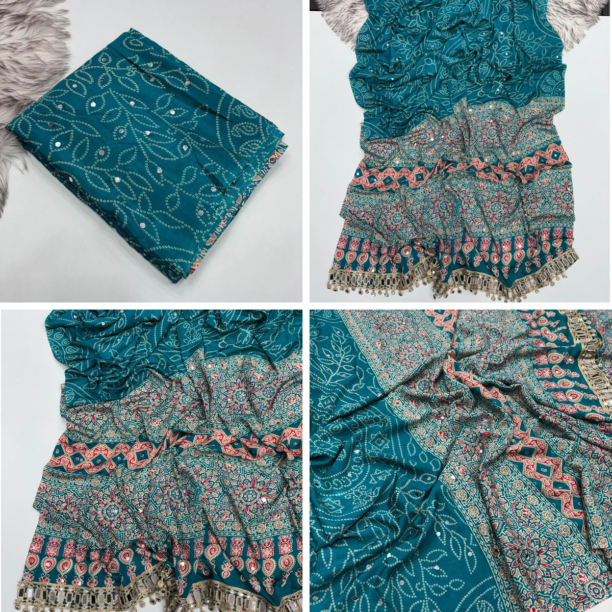 sky Ajrakh Print Chinon Saree with Original Mirror Work by women shoppee