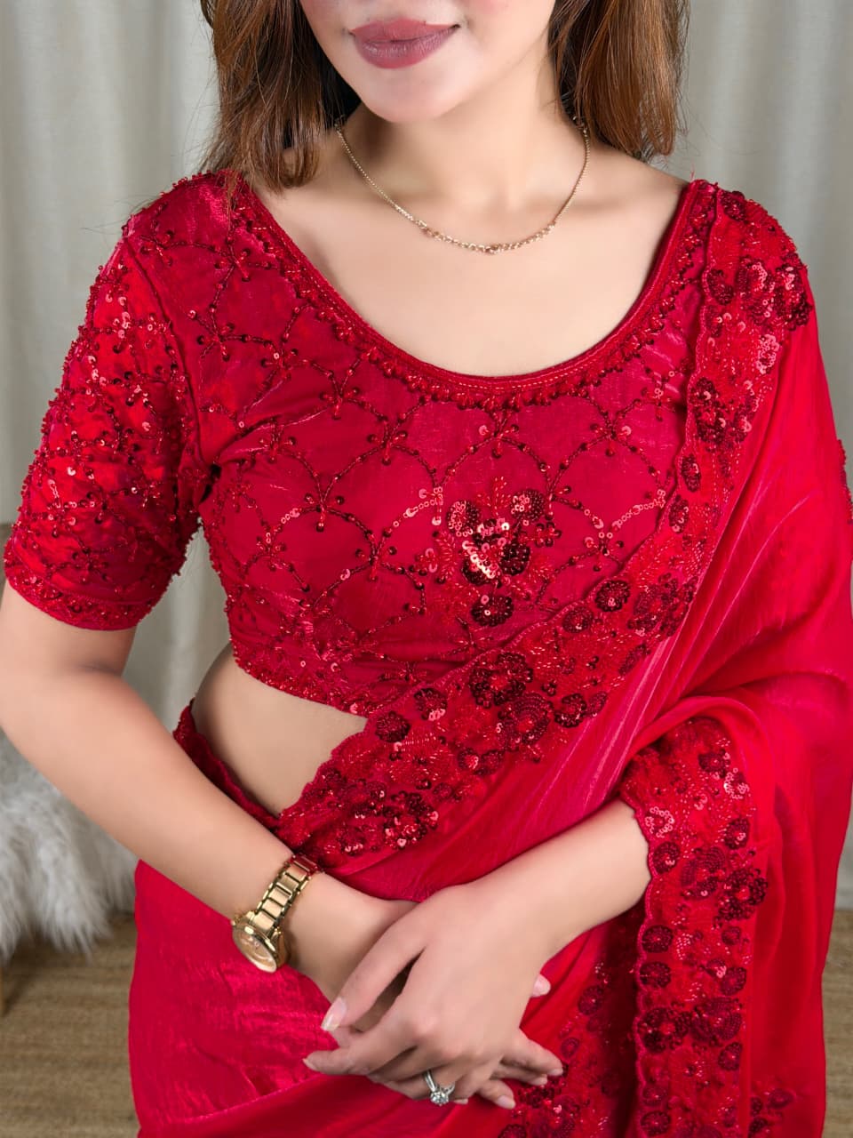 Heavy Beads & Sequins Fandy Satin Saree (Red) by women shoppee