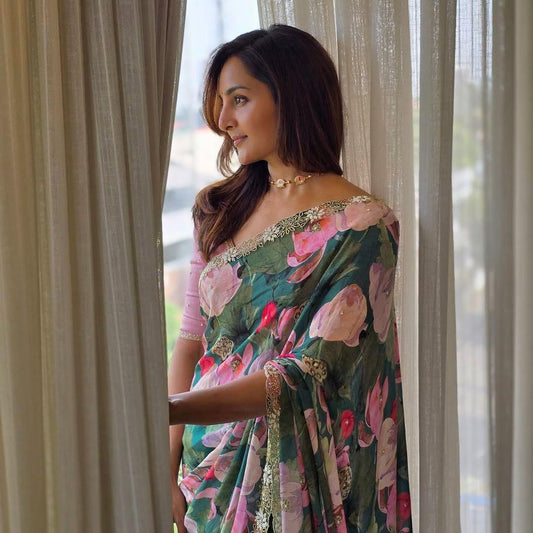 Soft Chinnon Saree (Dark Green)