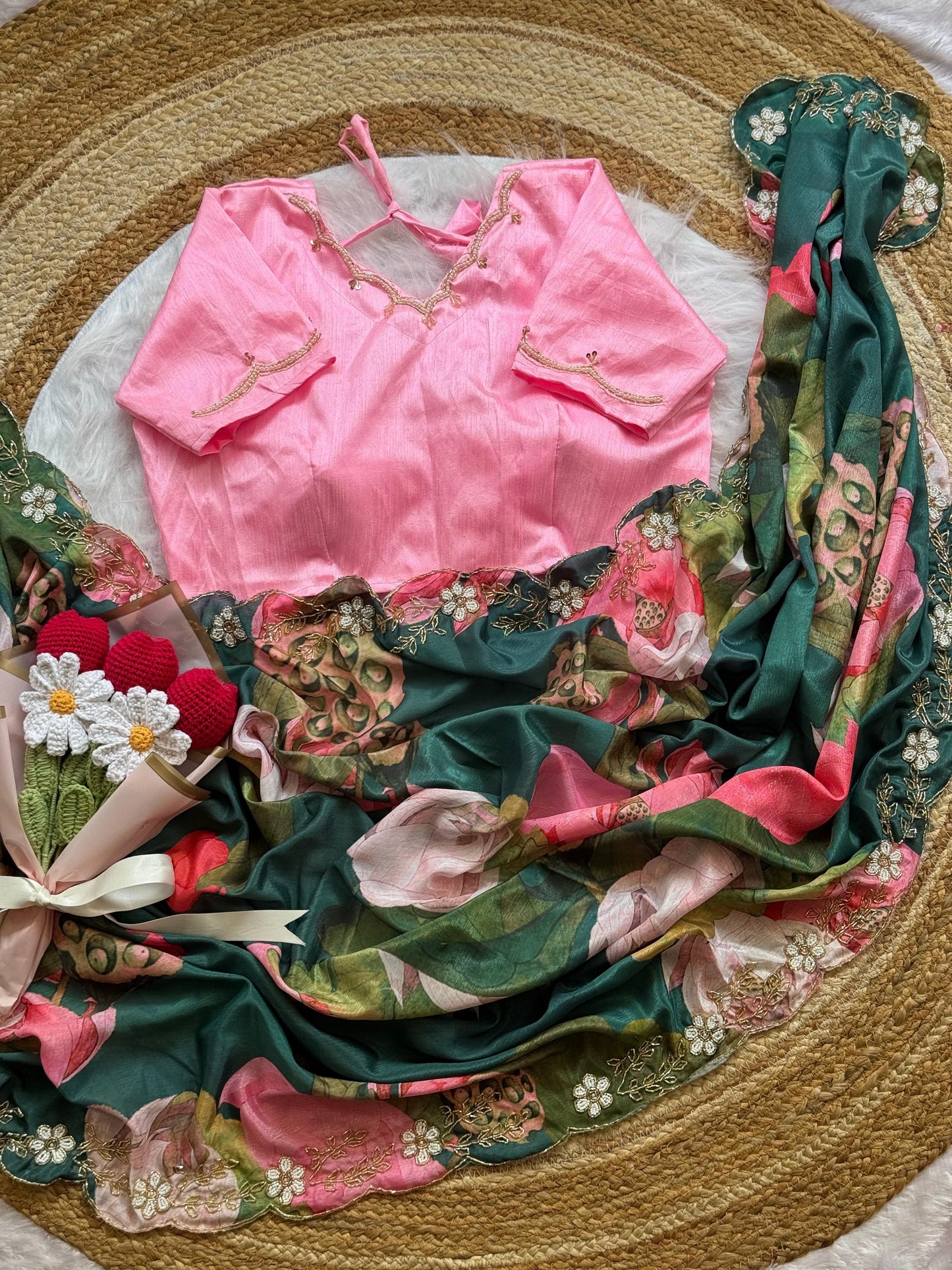 Soft Chinnon Saree (Dark Green)