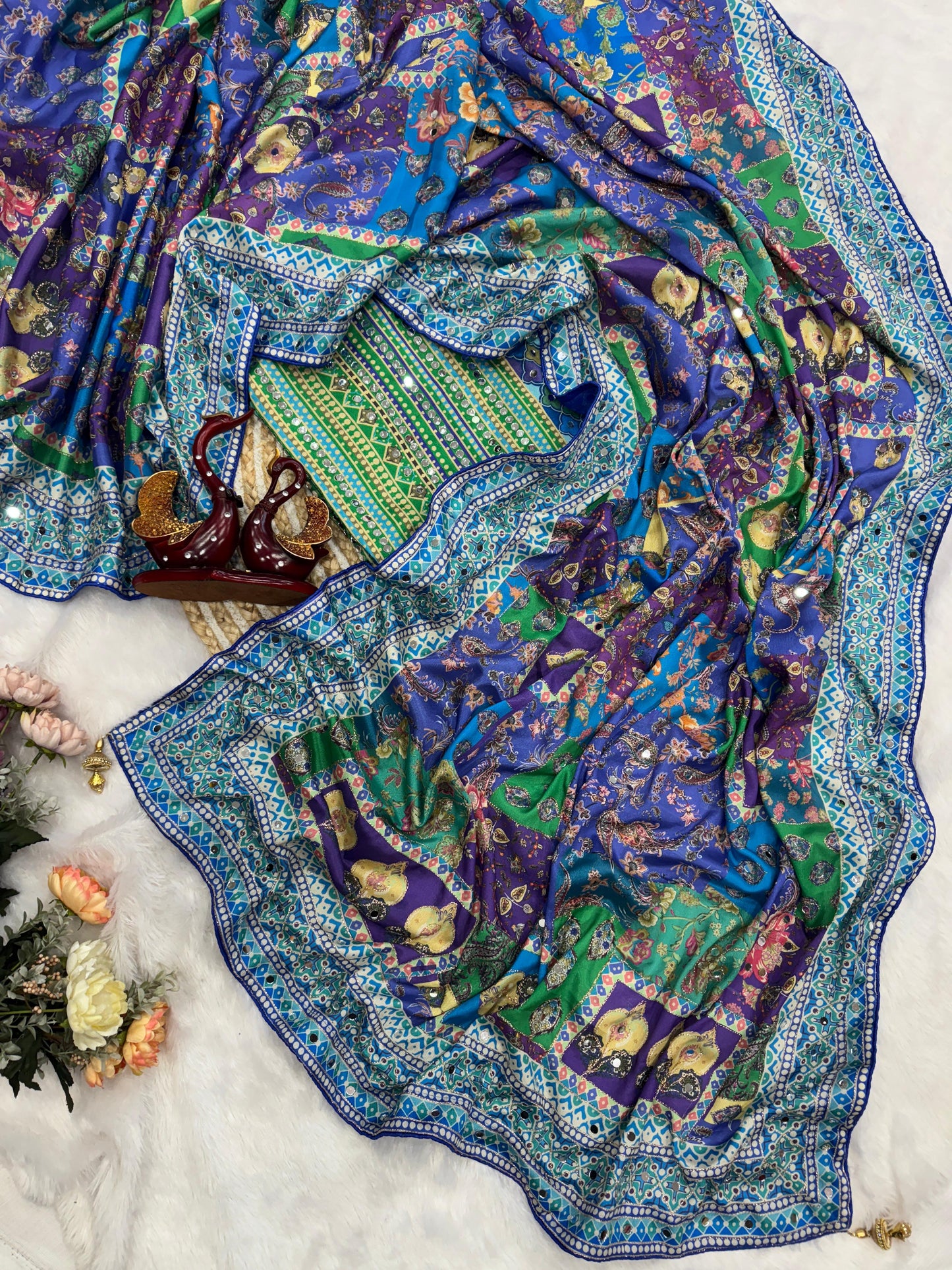 Elegant Chinnon Saree with Real Mirror Work