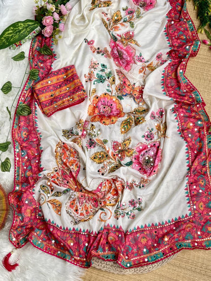 Soft Chinon Silk Digital Print Mirror Work Saree