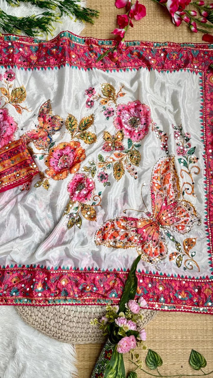 Soft Chinon Silk Digital Print Mirror Work Saree
