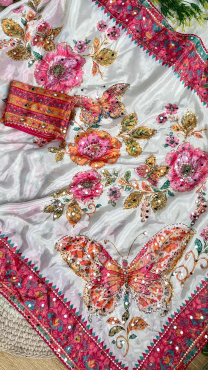 Soft Chinon Silk Digital Print Mirror Work Saree