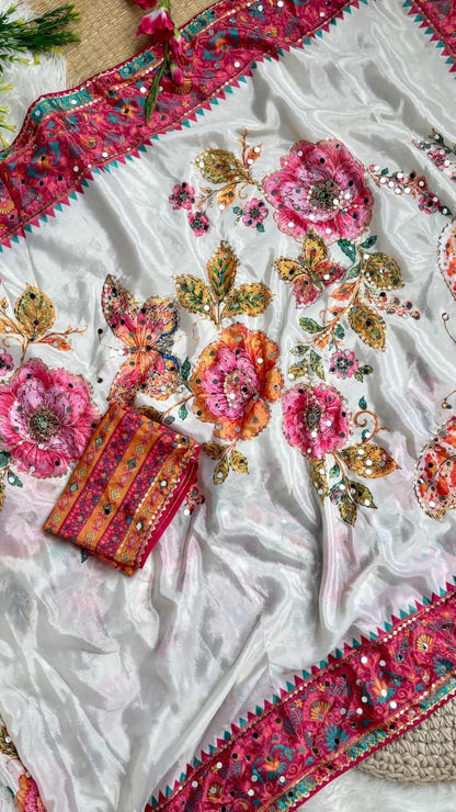 Soft Chinon Silk Digital Print Mirror Work Saree
