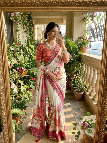 Soft Chinon Silk Digital Print Mirror Work Saree