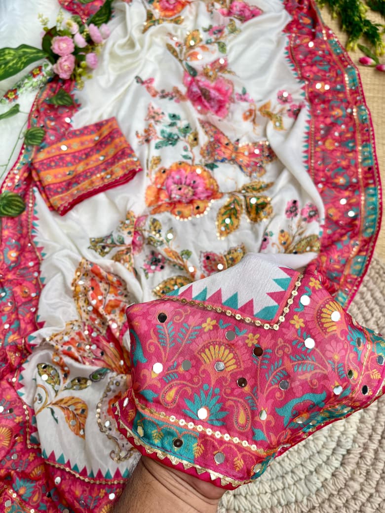 Soft Chinon Silk Digital Print Mirror Work Saree