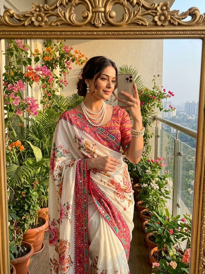 Soft Chinon Silk Digital Print Mirror Work Saree