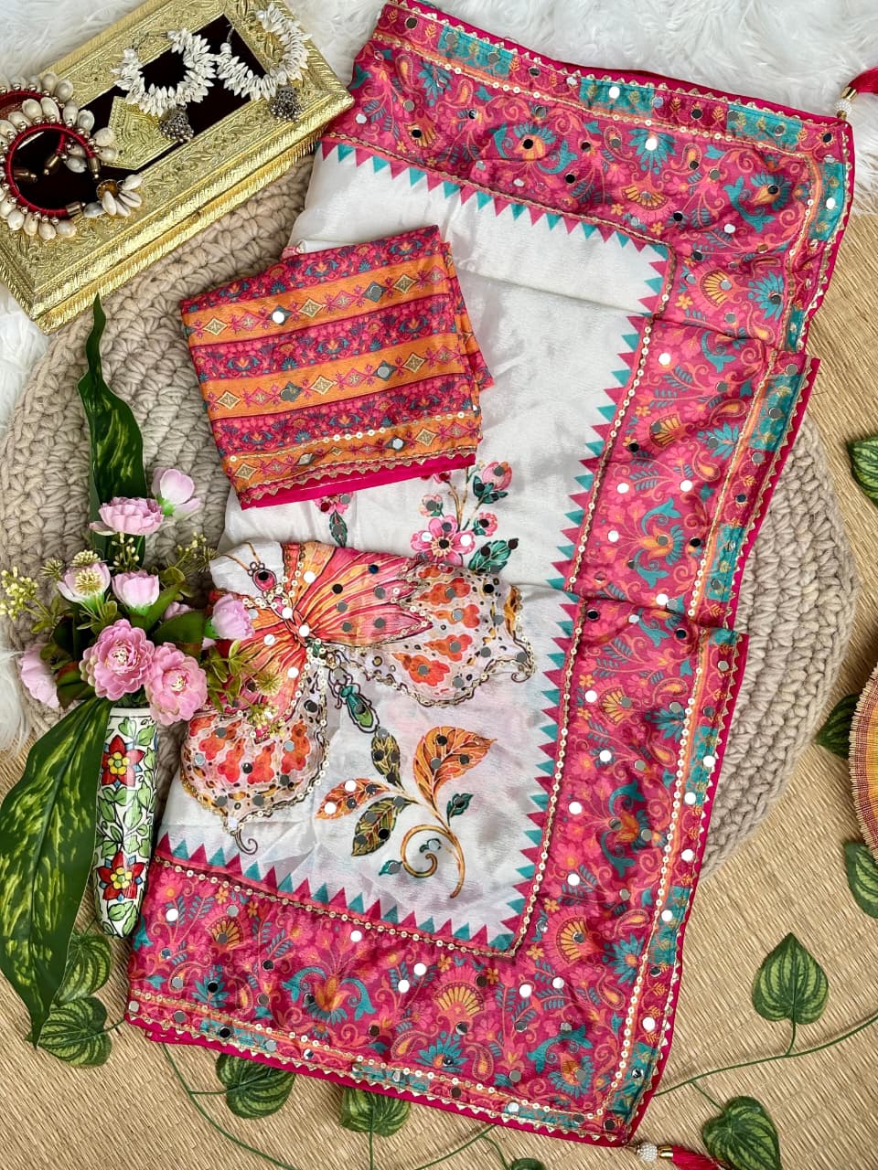 Soft Chinon Silk Digital Print Mirror Work Saree