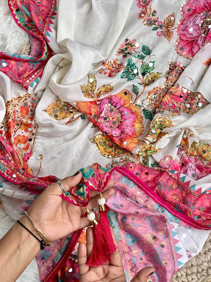 Soft Chinon Silk Digital Print Mirror Work Saree