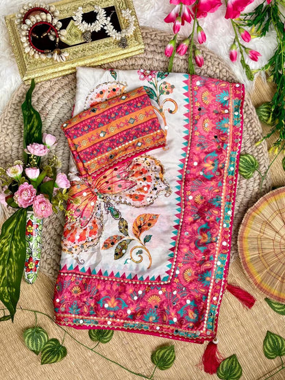 Soft Chinon Silk Digital Print Mirror Work Saree