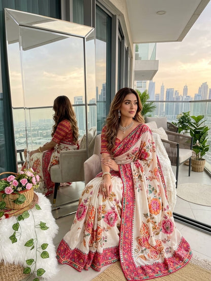 Soft Chinon Silk Digital Print Mirror Work Saree