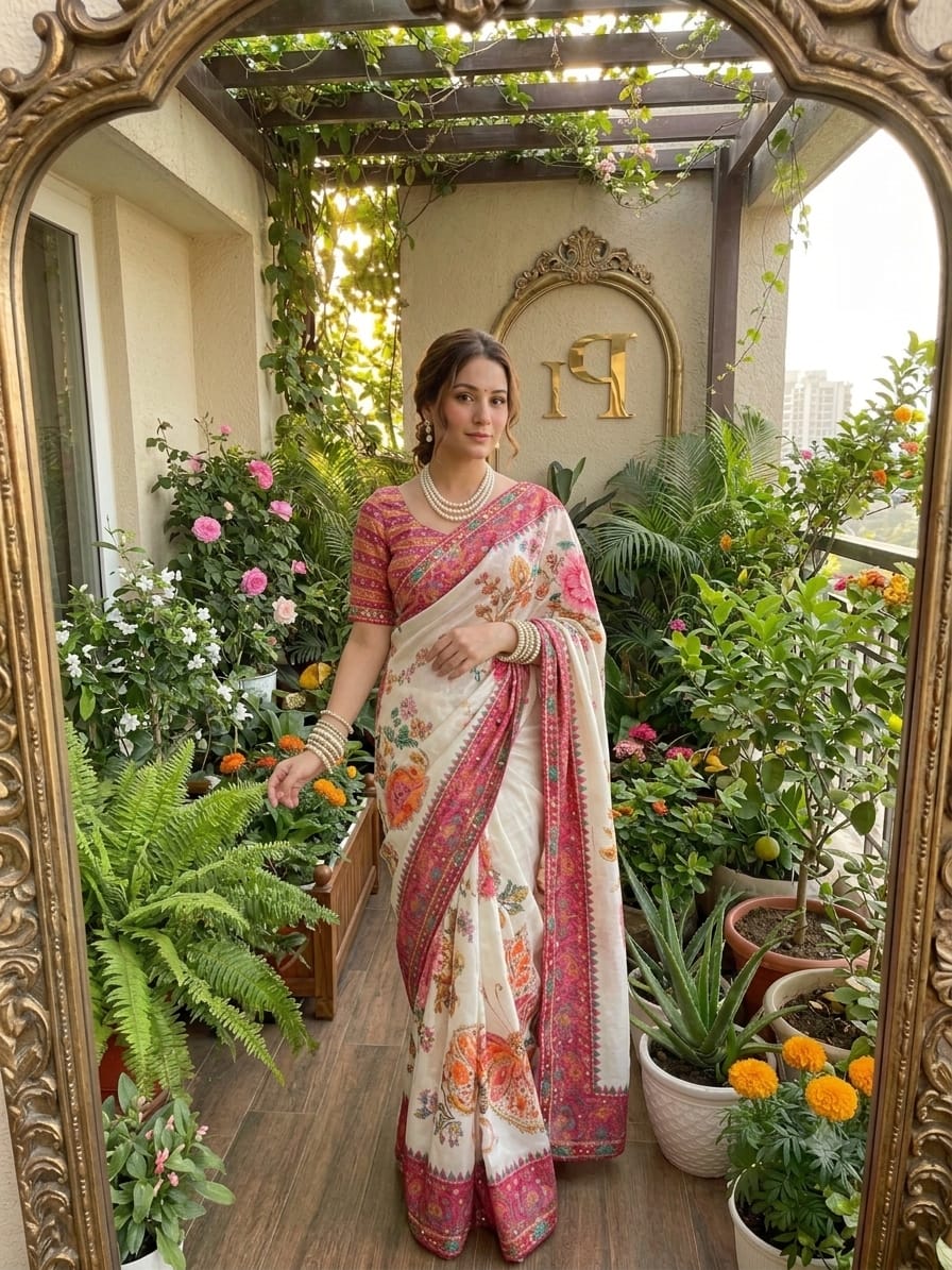 Soft Chinon Silk Digital Print Mirror Work Saree