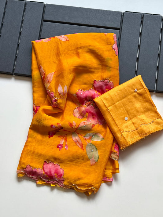 Pure Chinnon Floral Khatli Handwork Saree
