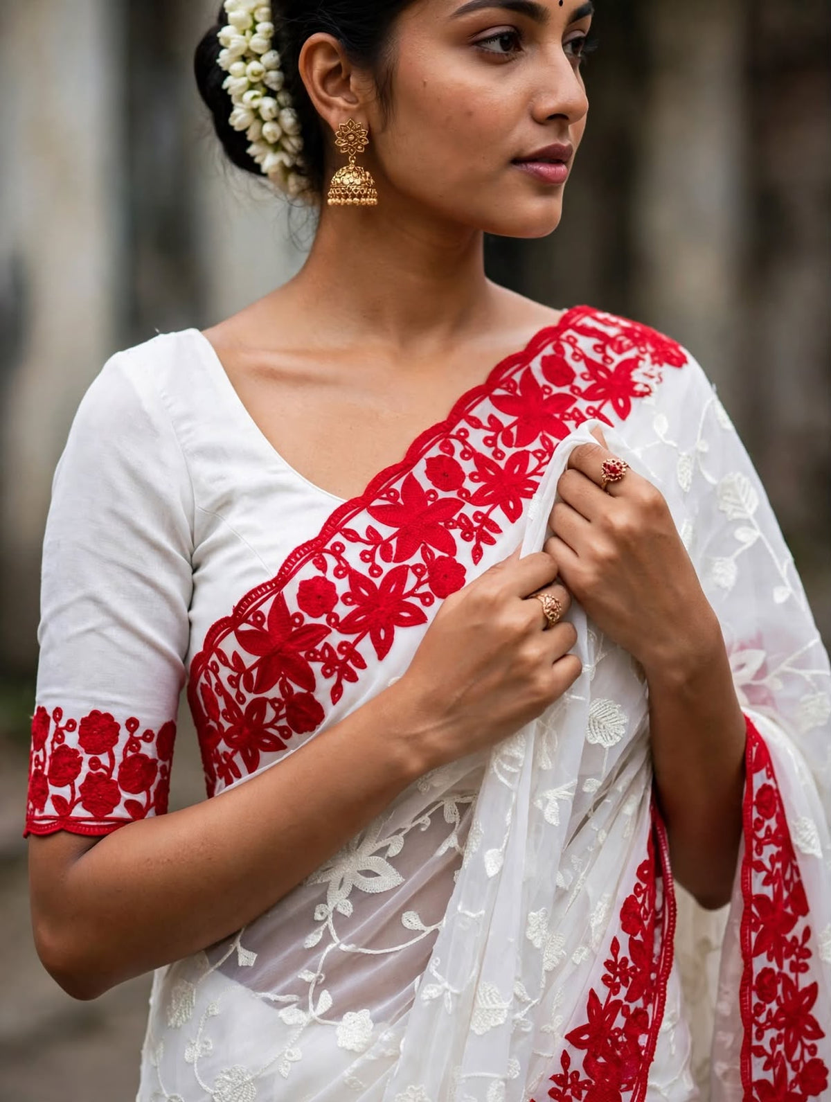 Durga Puja  red White saree by women shoppee