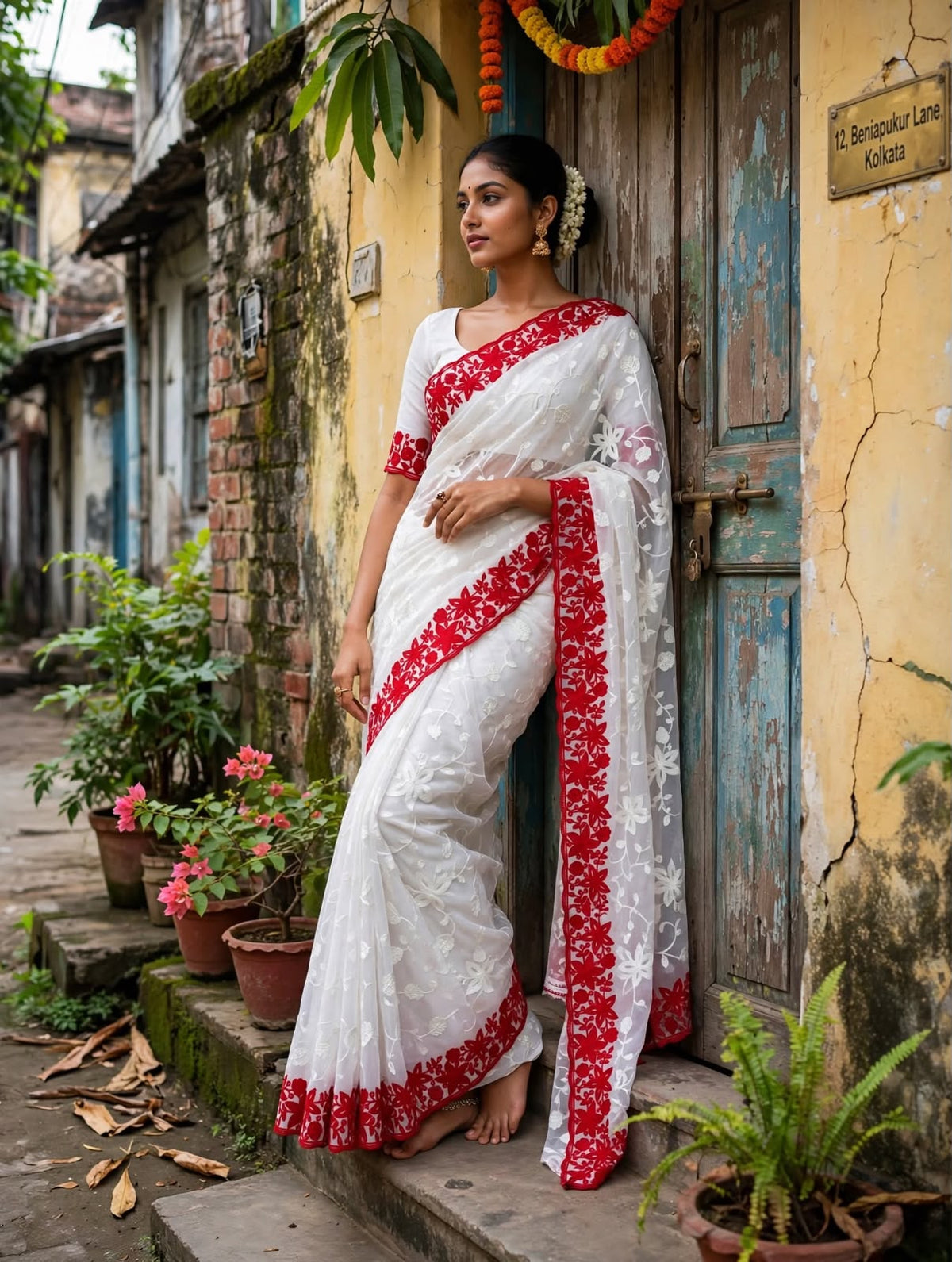 Durga Puja  red White saree by women shoppee