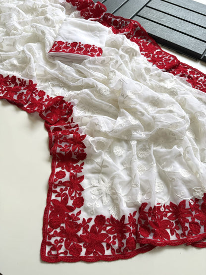 Durga Puja  red White saree by women shoppee