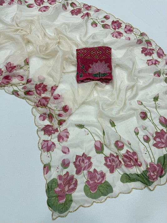 beige Tebby Silk Lotus Print Handwork Saree by women shppee