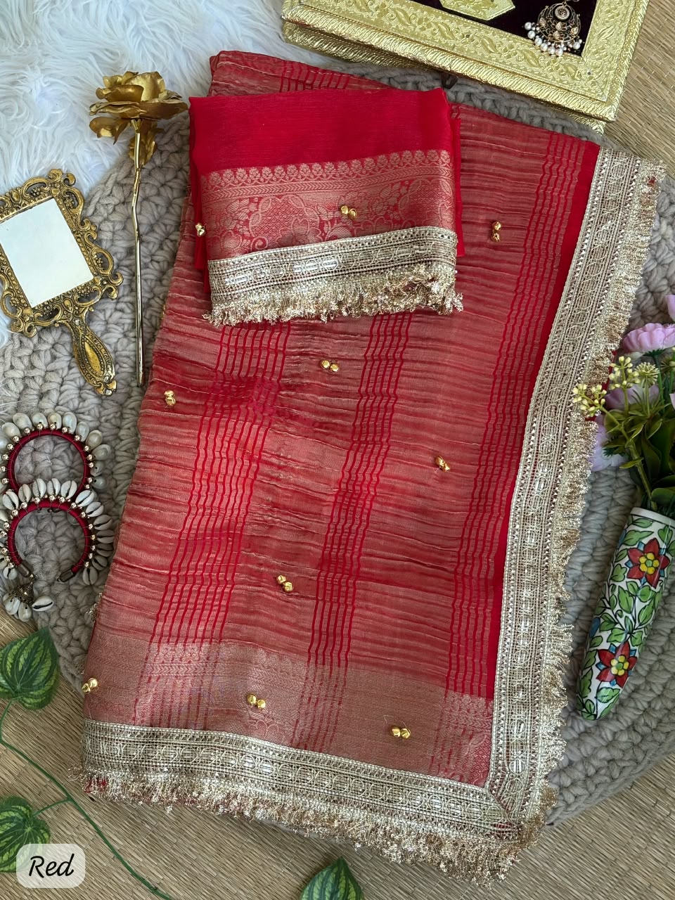 red Soft Fendy Chiffon Gungroo Saree by women shoppee