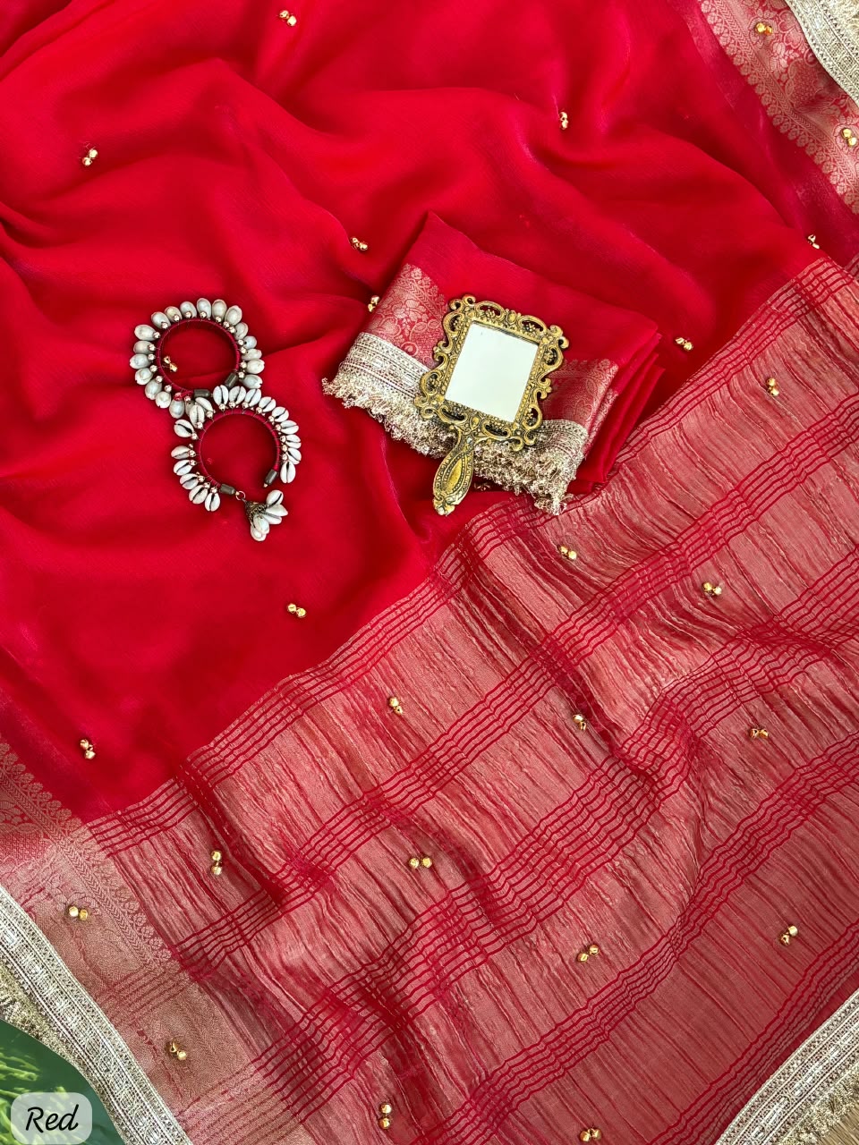 red Soft Fendy Chiffon Gungroo Saree by women shoppee