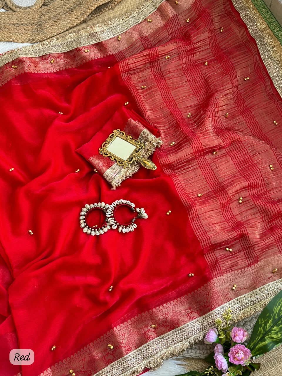 red Soft Fendy Chiffon Gungroo Saree by women shoppee
