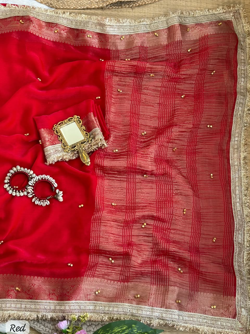 red Soft Fendy Chiffon Gungroo Saree by women shoppee