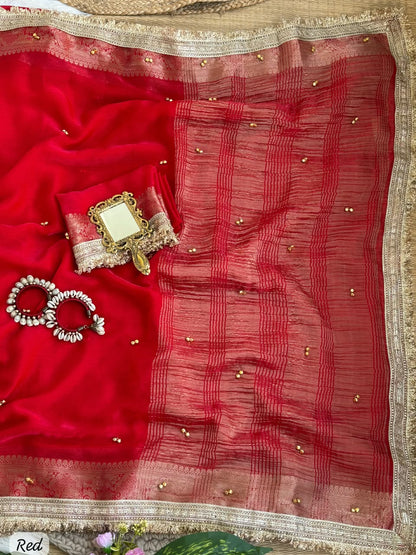 red Soft Fendy Chiffon Gungroo Saree by women shoppee