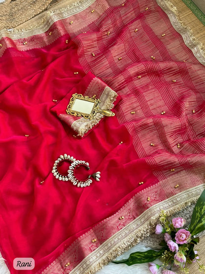 red Soft Fendy Chiffon Gungroo Saree by women shoppee