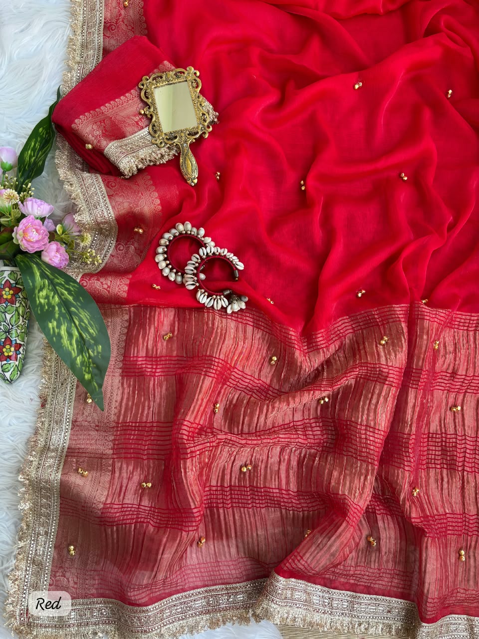 red Soft Fendy Chiffon Gungroo Saree by women shoppee