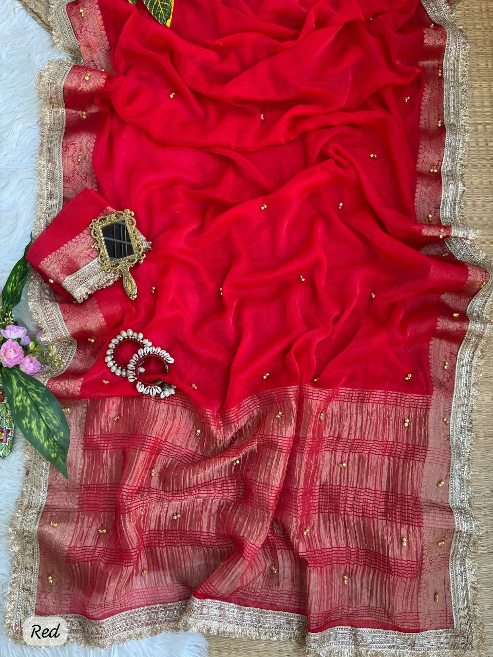 red Soft Fendy Chiffon Gungroo Saree by women shoppee