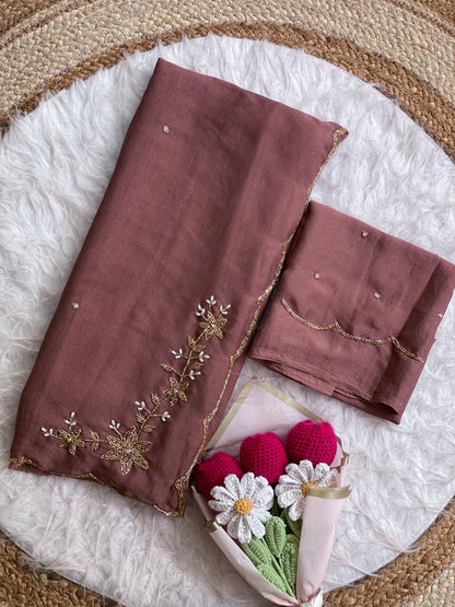 brown Soft Crush Silk Handwork Saree with Butti Work by women shoppee