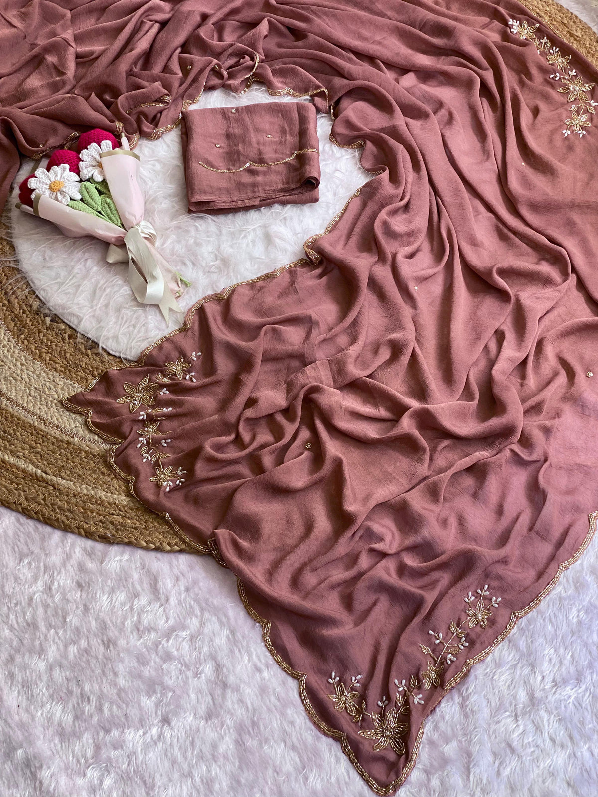 brown Soft Crush Silk Handwork Saree with Butti Work by women shoppee