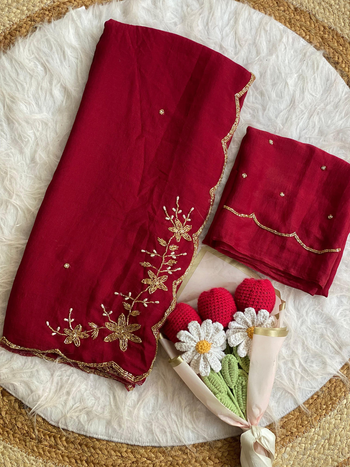maroon Soft Crush Silk Handwork Saree with Butti Work by women shoppee
