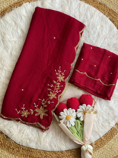 maroon Soft Crush Silk Handwork Saree with Butti Work by women shoppee