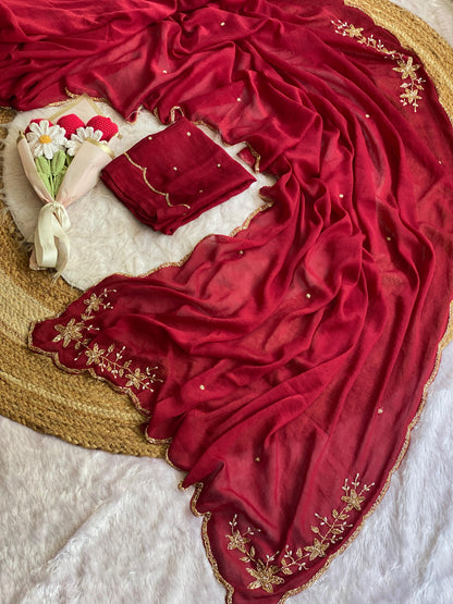 maroon Soft Crush Silk Handwork Saree with Butti Work by women shoppee