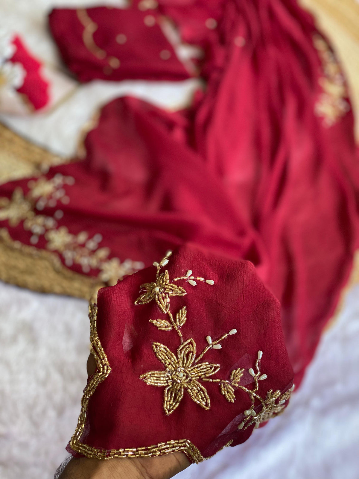 maroon Soft Crush Silk Handwork Saree with Butti Work by women shoppee