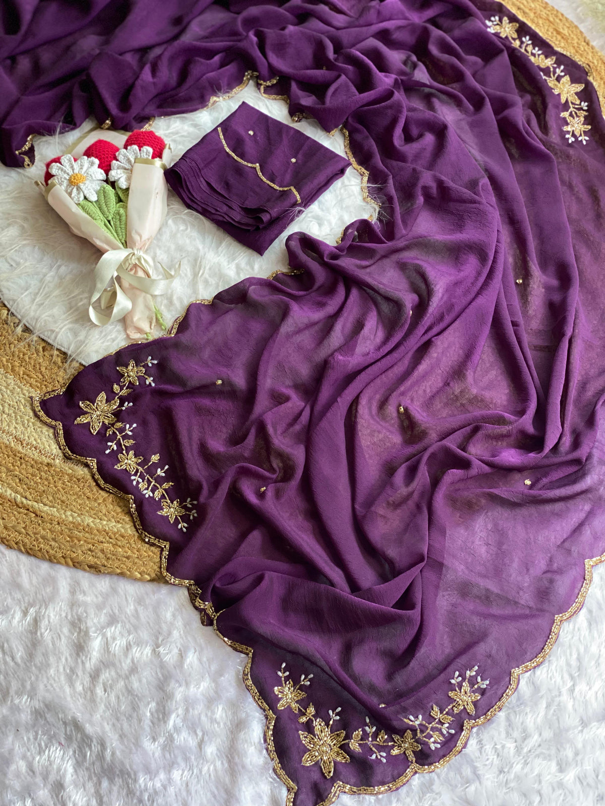 purple Soft Crush Silk Handwork Saree with Butti Work by women shoppee