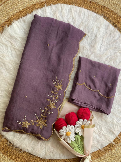 lavender Soft Crush Silk Handwork Saree with Butti Work by women shoppee