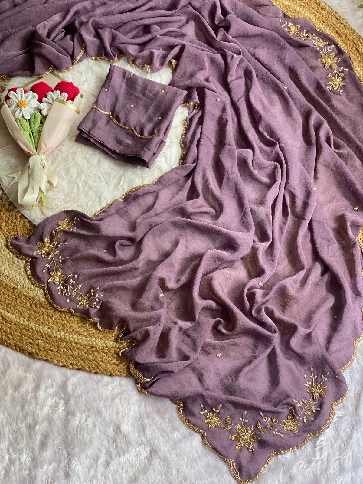 lavender Soft Crush Silk Handwork Saree with Butti Work by women shoppee