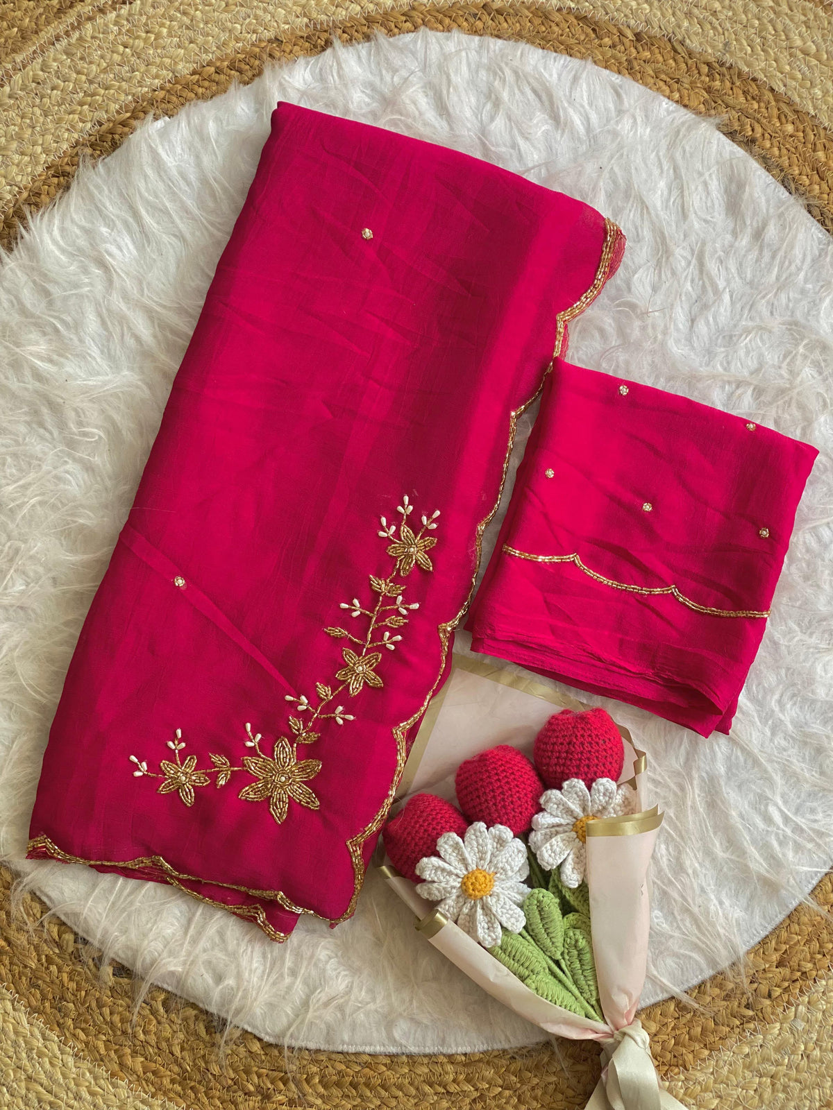 pink Soft Crush Silk Handwork Saree with Butti Work by women shoppee