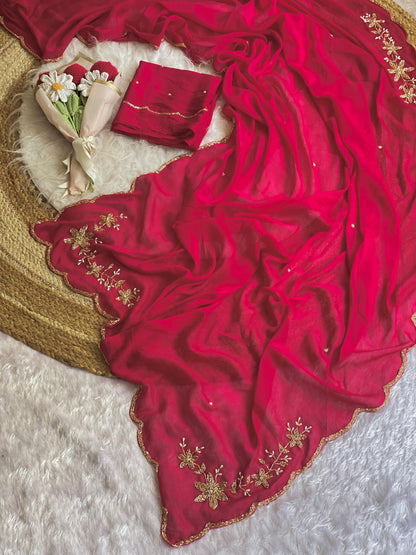 pink Soft Crush Silk Handwork Saree with Butti Work by women shoppee