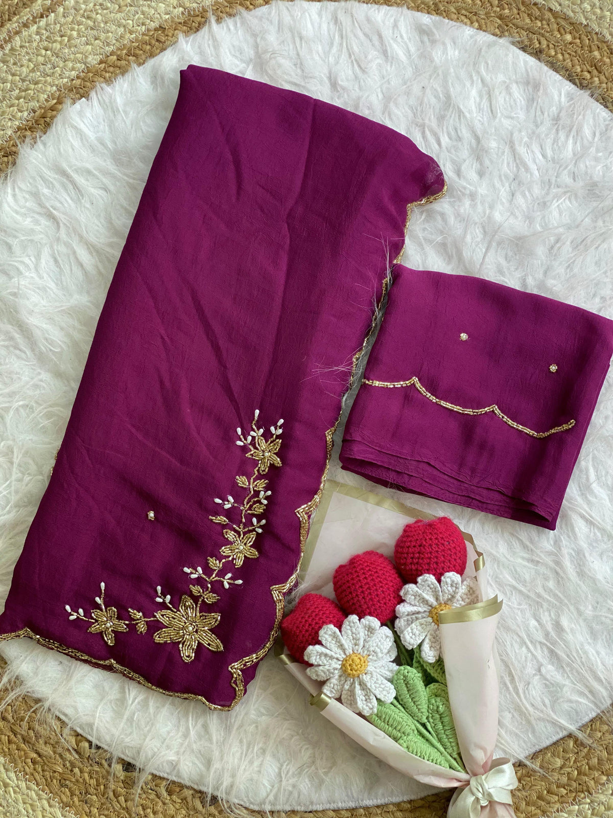 wine Soft Crush Silk Handwork Saree with Butti Work by women shoppee