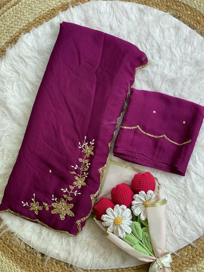 wine Soft Crush Silk Handwork Saree with Butti Work by women shoppee