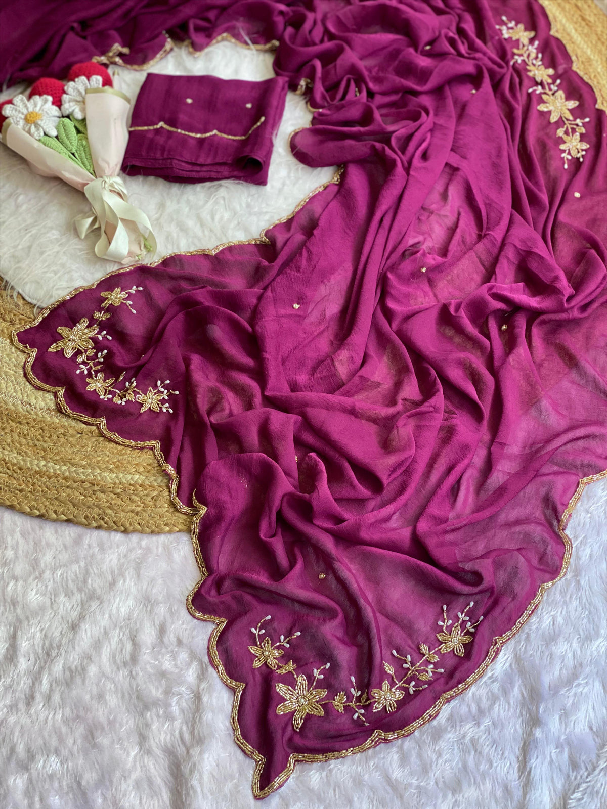 wine Soft Crush Silk Handwork Saree with Butti Work by women shoppee
