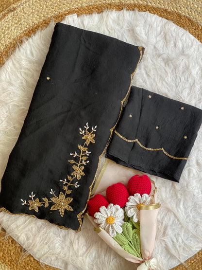 black Soft Crush Silk Handwork Saree with Butti Work by women shoppee
