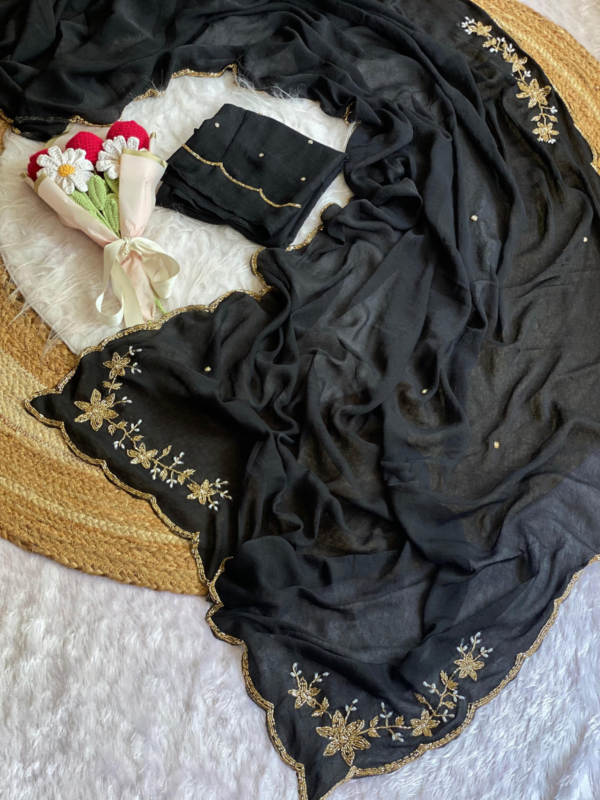 black Soft Crush Silk Handwork Saree with Butti Work by women shoppee
