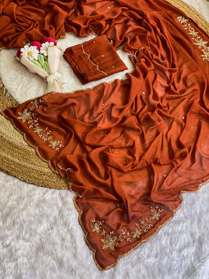 orange Soft Crush Silk Handwork Saree with Butti Work by women shoppee